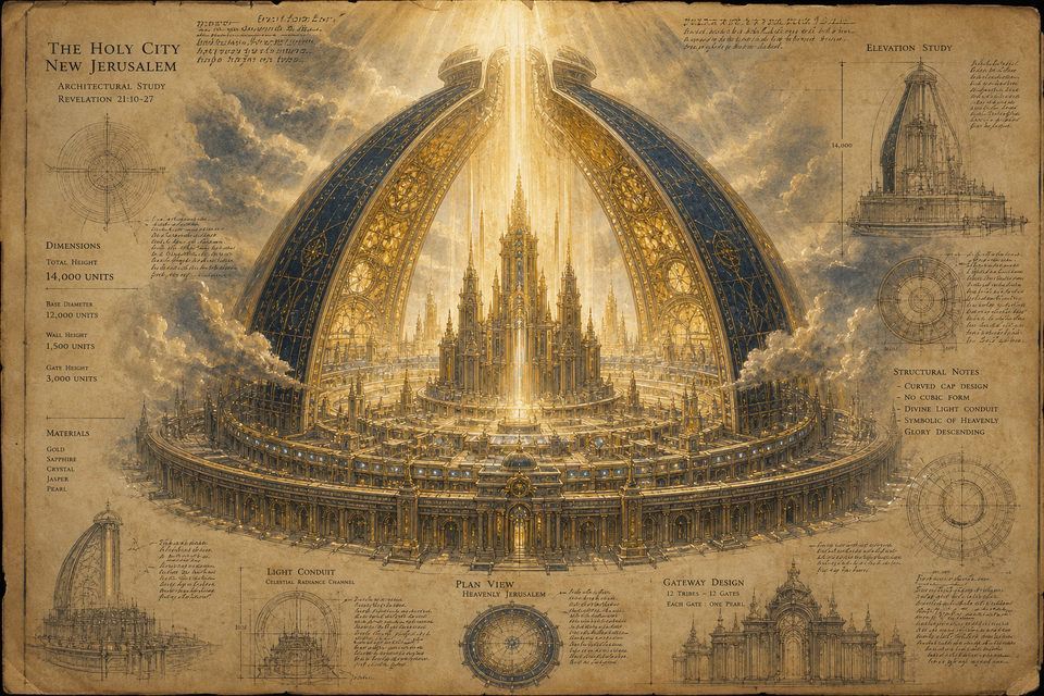 Heavenly Jerusalem architectural elevation study with curved cap design