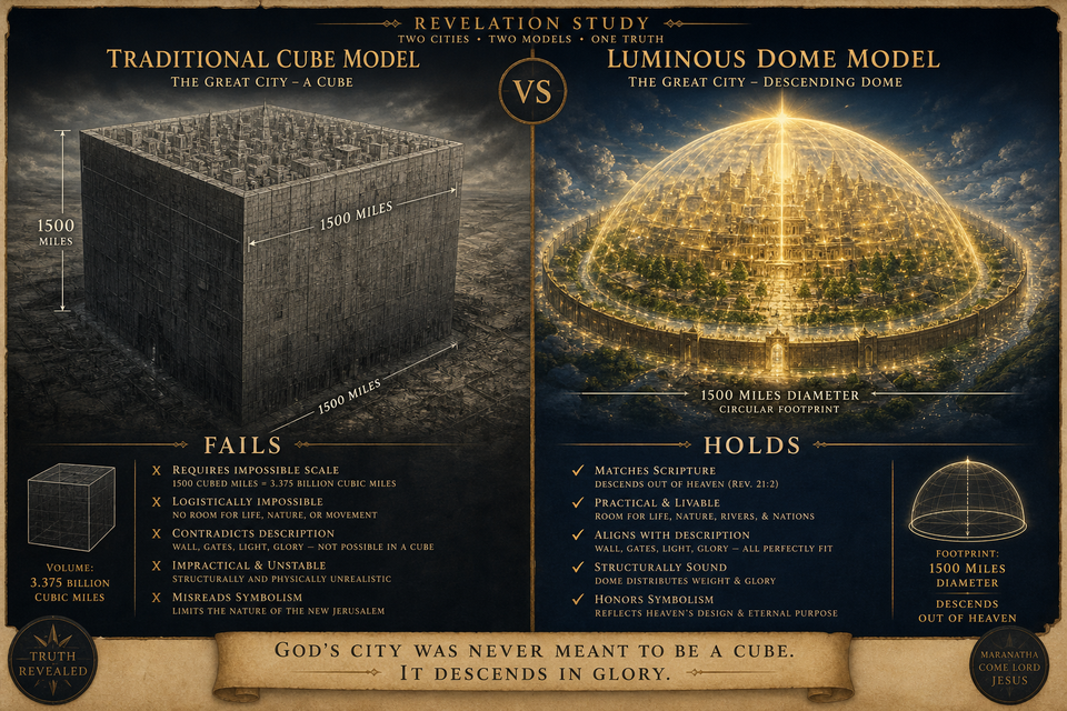 Traditional cube model versus luminous dome model for New Jerusalem
